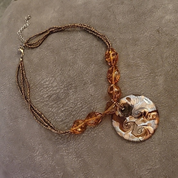 Vtg Bronze Beaded Handblown Glitter Glass Pendant Necklace - Picture 2 of 8